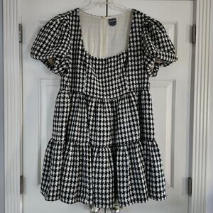 Arula black white tweed dress puff sleeves tiered skirt back zipper plus sz B 2X